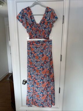 Altar'd State Maxi Skirt with Top- Blue with Coral Floral Print - 2 pc